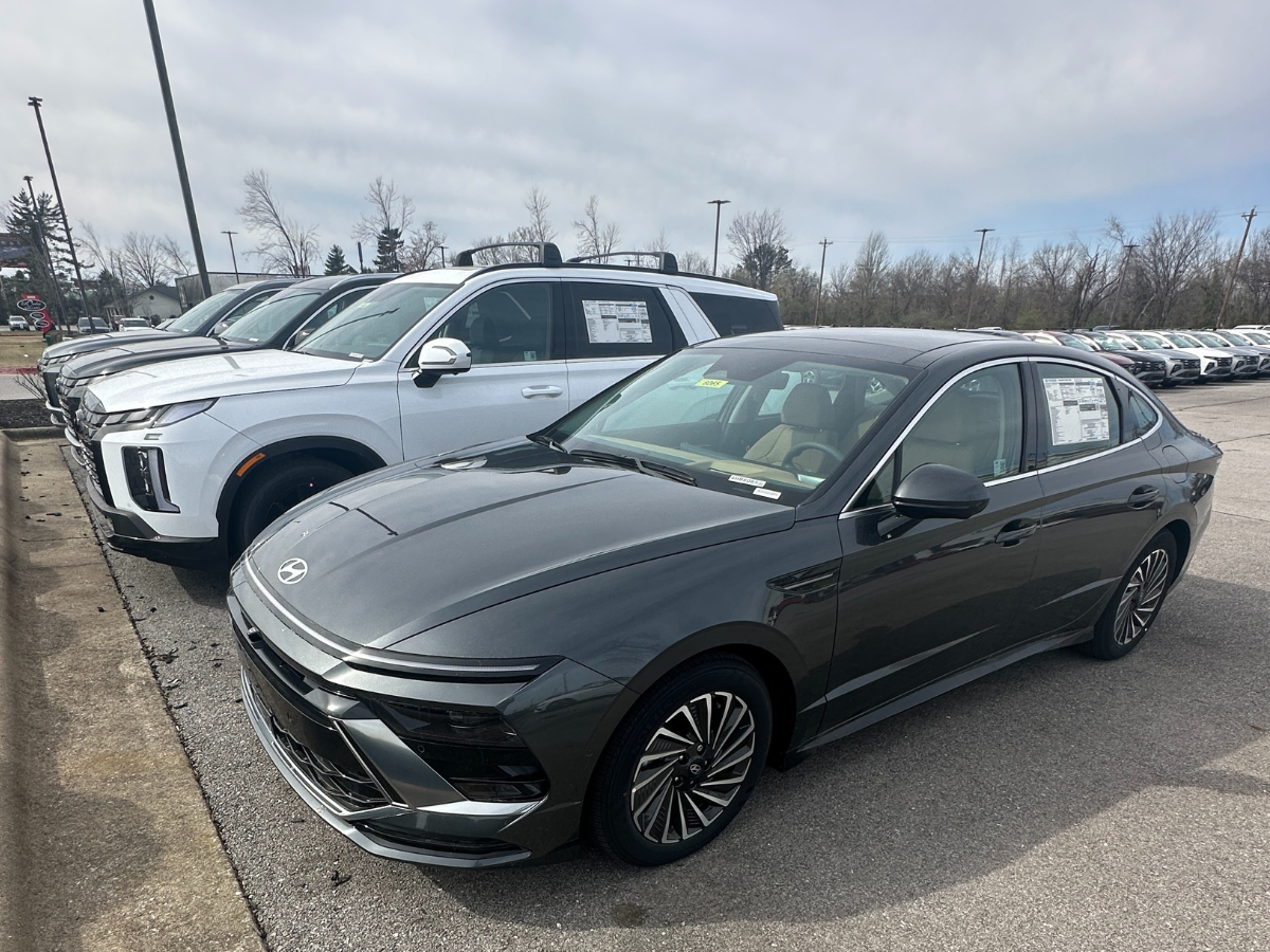 Lineup of 2024 Hyundai vehicles including a dark gray Sonata and white Palisade at Crain Hyundai of Bentonville dealership lot
