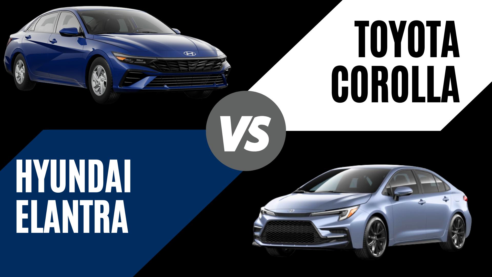 Side-by-side comparison of an Intense Blue 2026 Hyundai Elantra and a Celestite 2026 Toyota Corolla for Crain Hyundai of Bentonville.