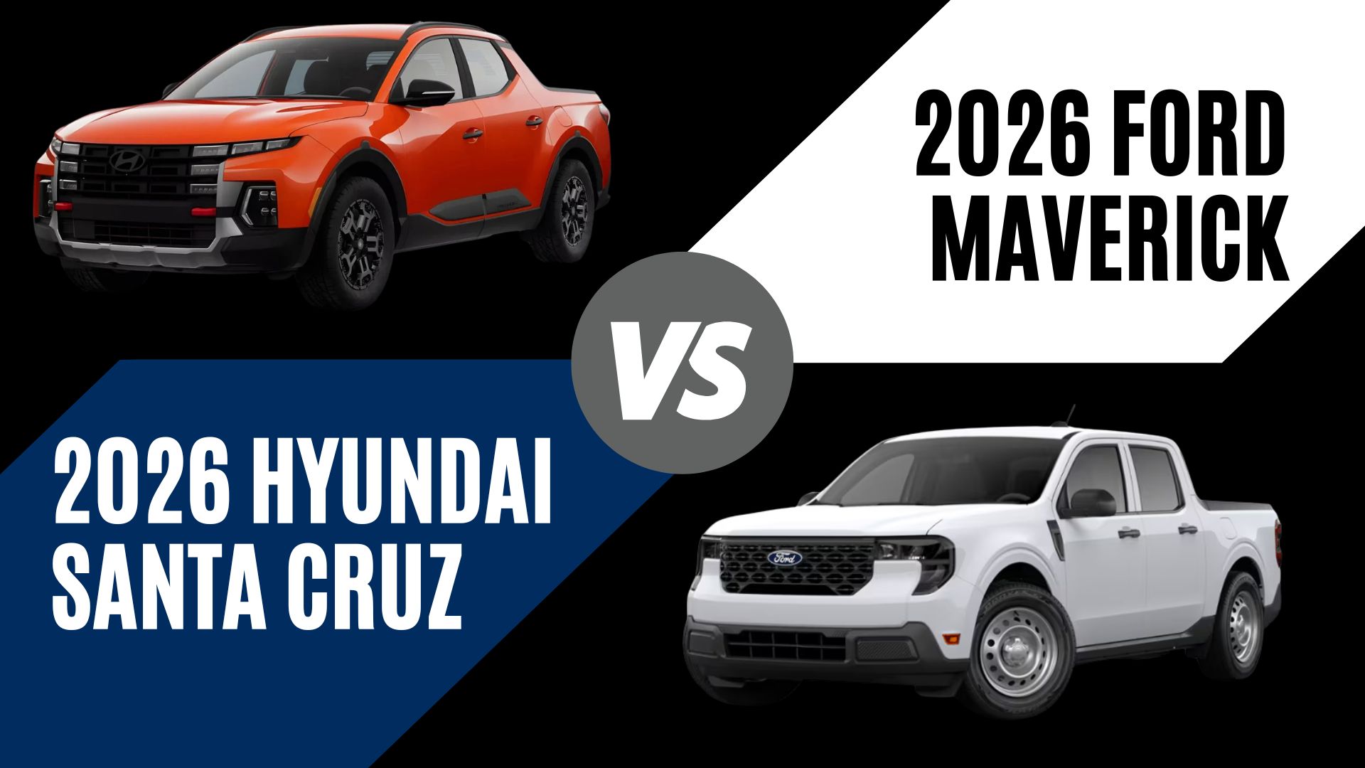 2026 Hyundai Santa Cruz and Ford Maverick comparison graphic for Bentonville, Arkansas compact truck shoppers