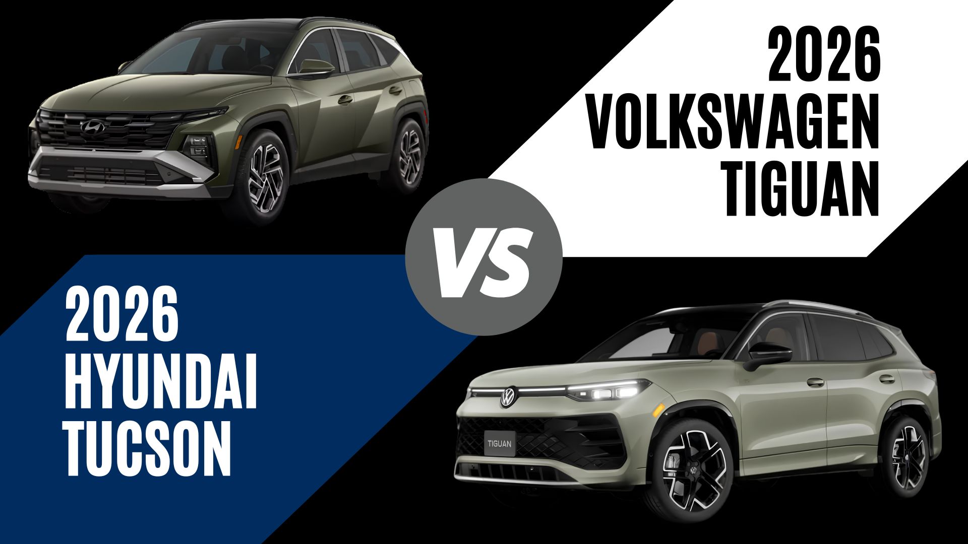 Side-by-side comparison of the 2026 Hyundai Tucson and 2026 Volkswagen Tiguan family SUVs in a neutral studio setting.